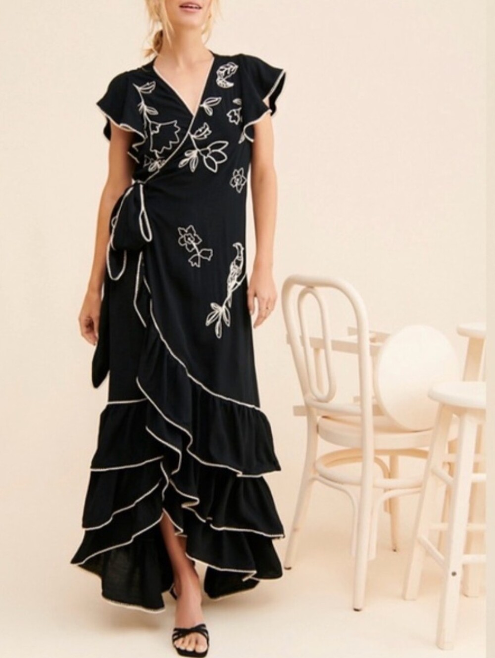 Especia Rowena Black Wrap Dress With Tiered Skirt And Embroidered Details
